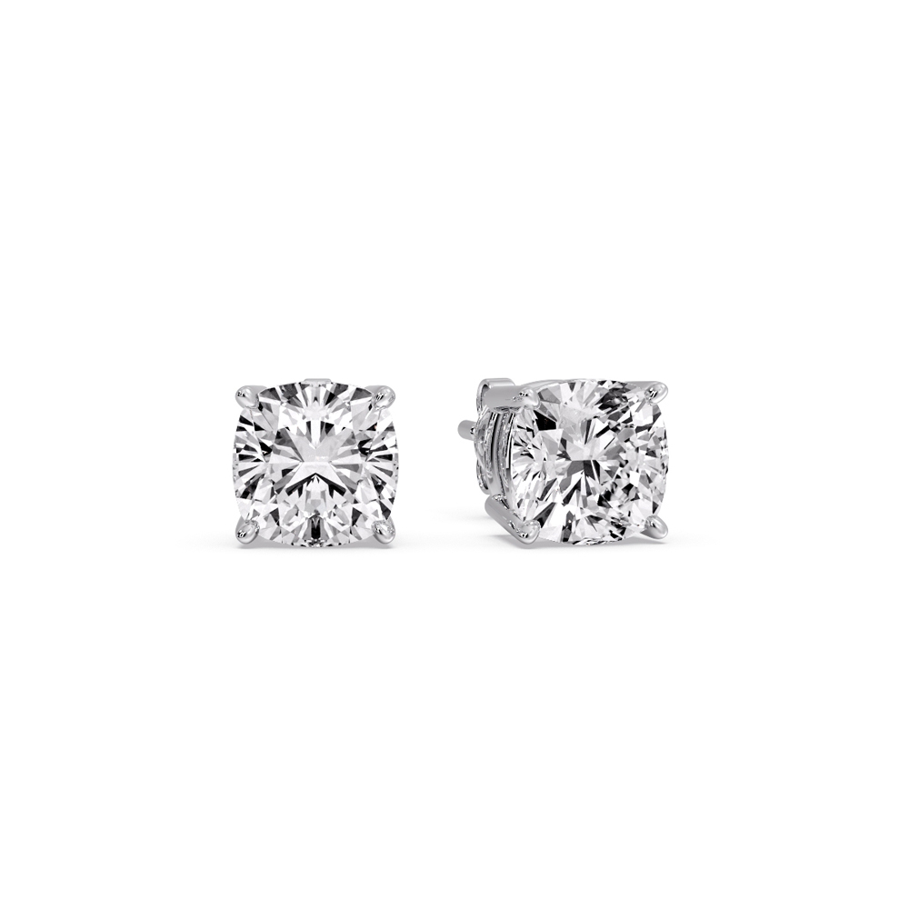 4 Carat Cushion Cut Diamond Basket Stud Earring with 14K White Gold White Diamond