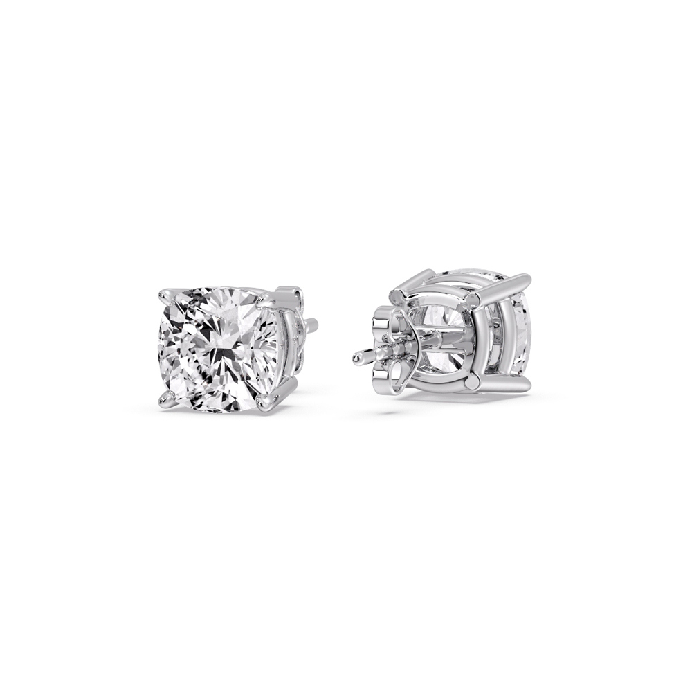 4 Carat Cushion Cut Diamond Basket Stud Earring with 14K White Gold White Diamond
