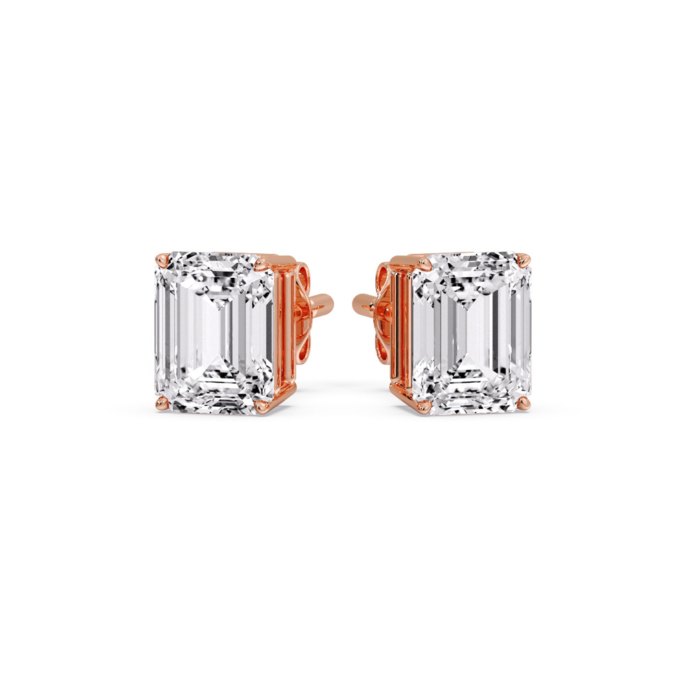 4 Carat Emerald Cut Diamond Stud Earring with 14K Rose Gold White Diamond
