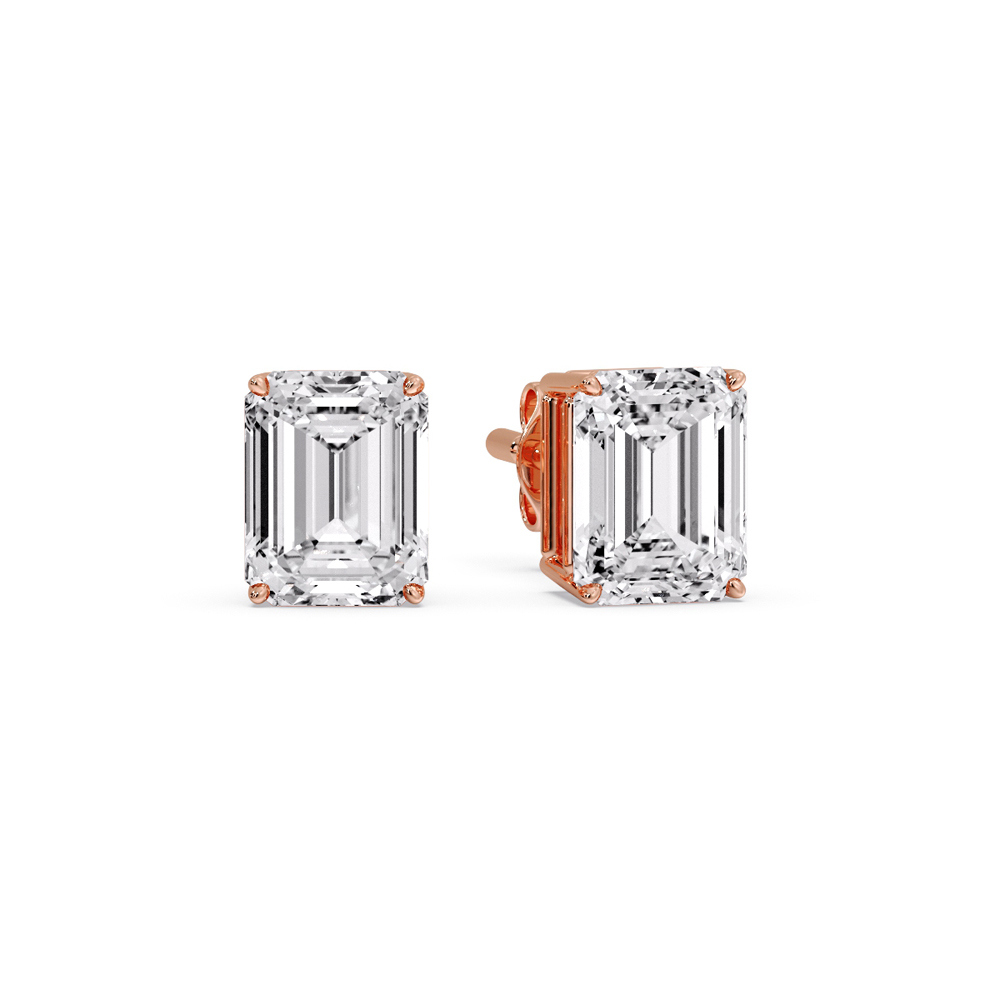 4 Carat Emerald Cut Diamond Stud Earring with 14K Rose Gold White Diamond