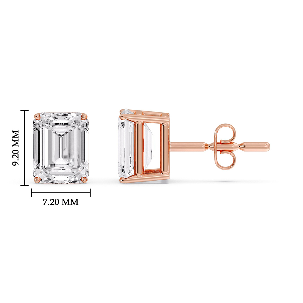 4 Carat Emerald Cut Diamond Stud Earring with 14K Rose Gold White Diamond