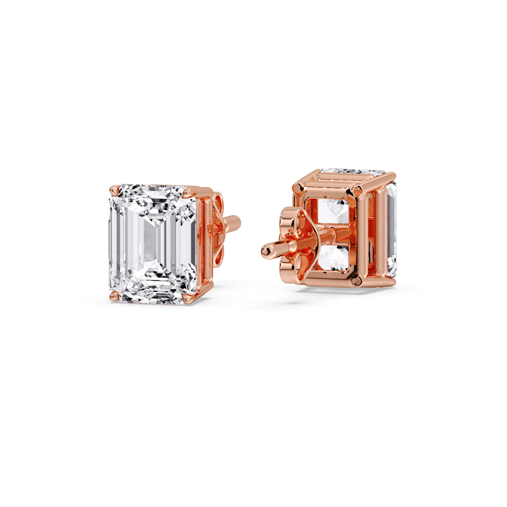 4 Carat Emerald Cut Diamond Stud Earring with 14K Rose Gold White Diamond
