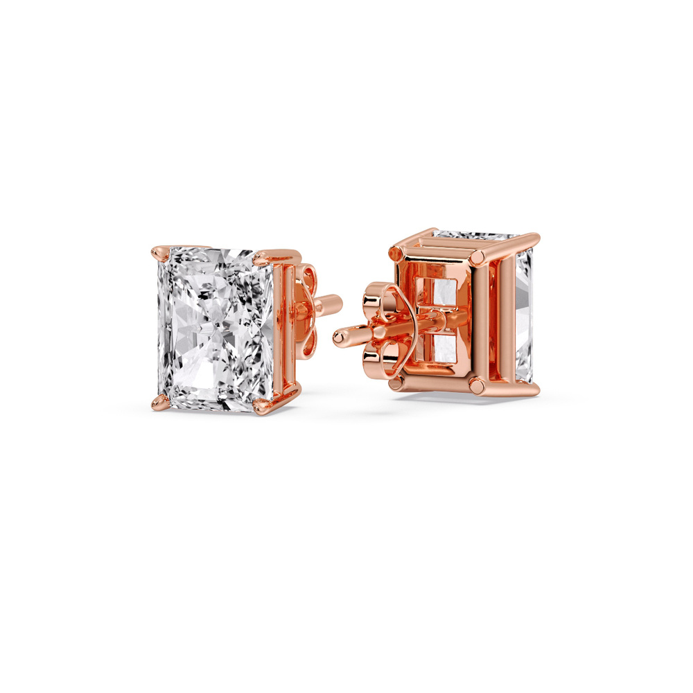 4 Carat Radiant Diamond Basket Stud Earring with 14K Rose Gold White Diamond