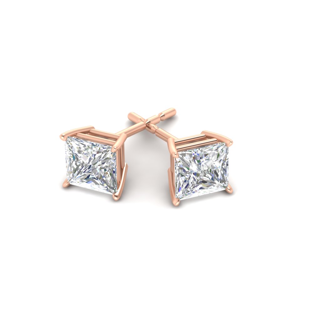 6 Carat Princess Cut Stud Earring with 14K Rose Gold White Diamond