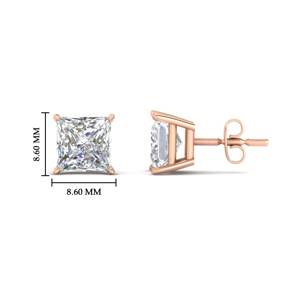 6 Carat Princess Cut Stud Earring with 14K Rose Gold White Diamond
