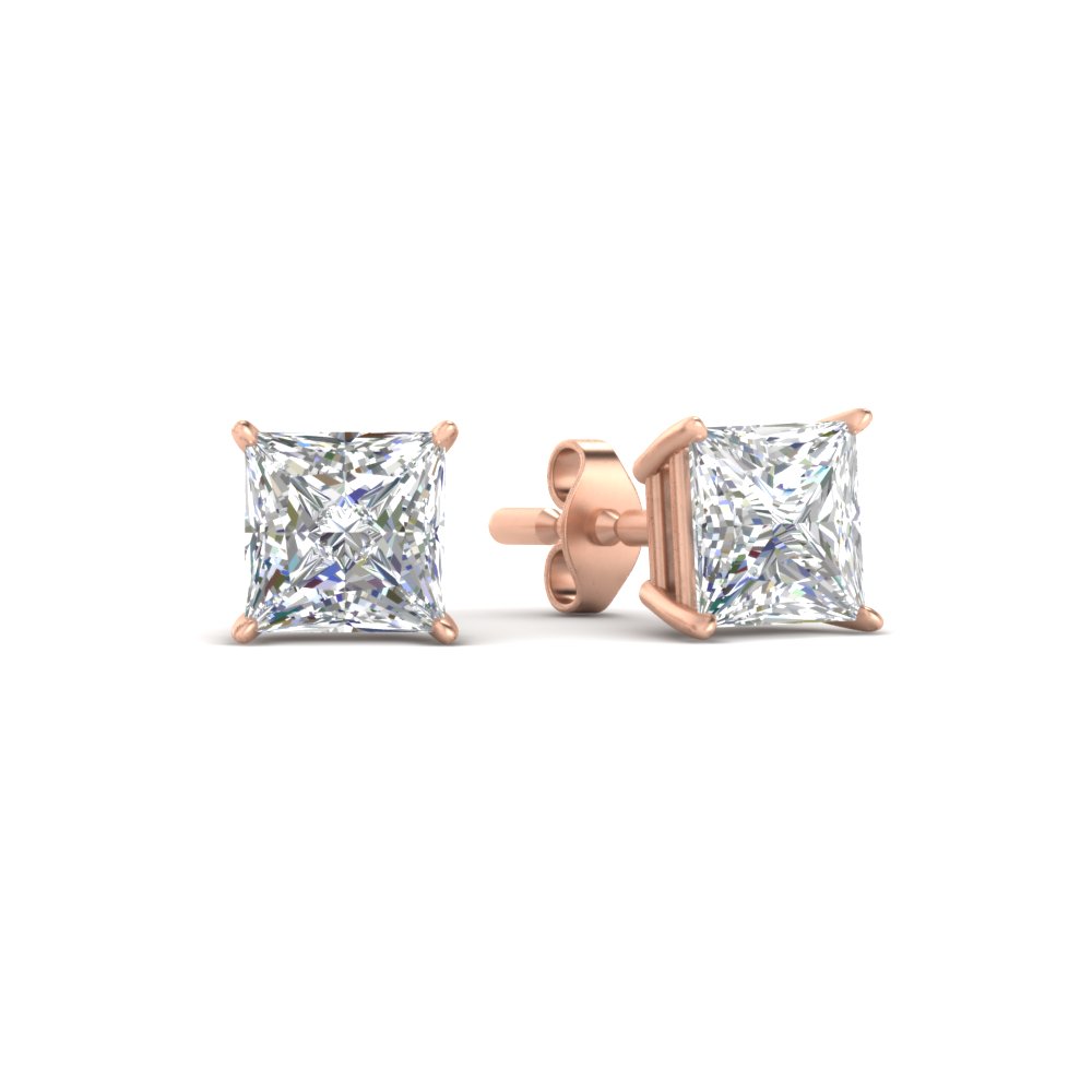 6 Carat Princess Cut Stud Earring with 14K Rose Gold White Diamond