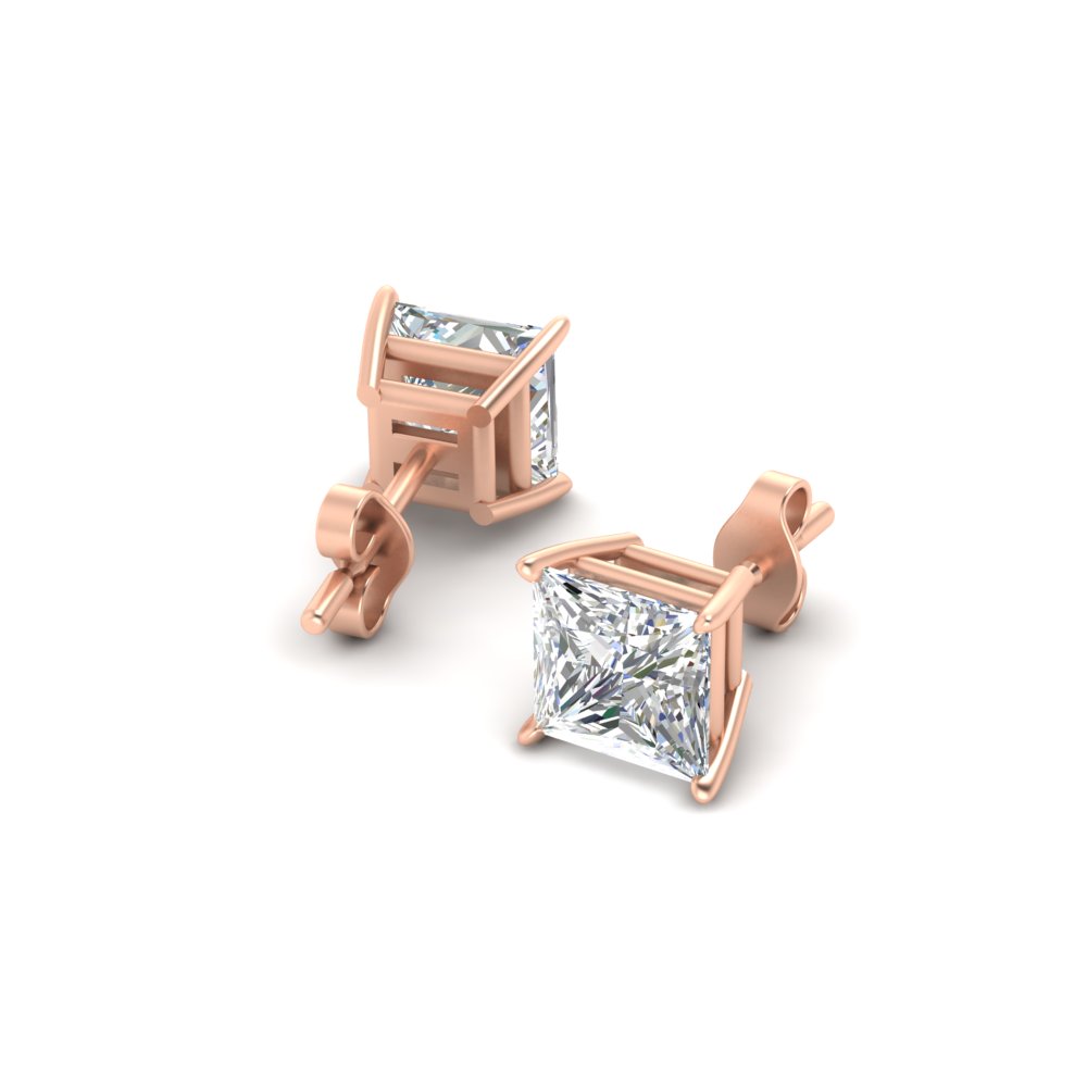 6 Carat Princess Cut Stud Earring with 14K Rose Gold White Diamond