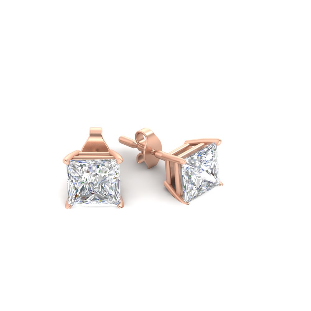 6 Carat Princess Cut Stud Earring with 14K Rose Gold White Diamond