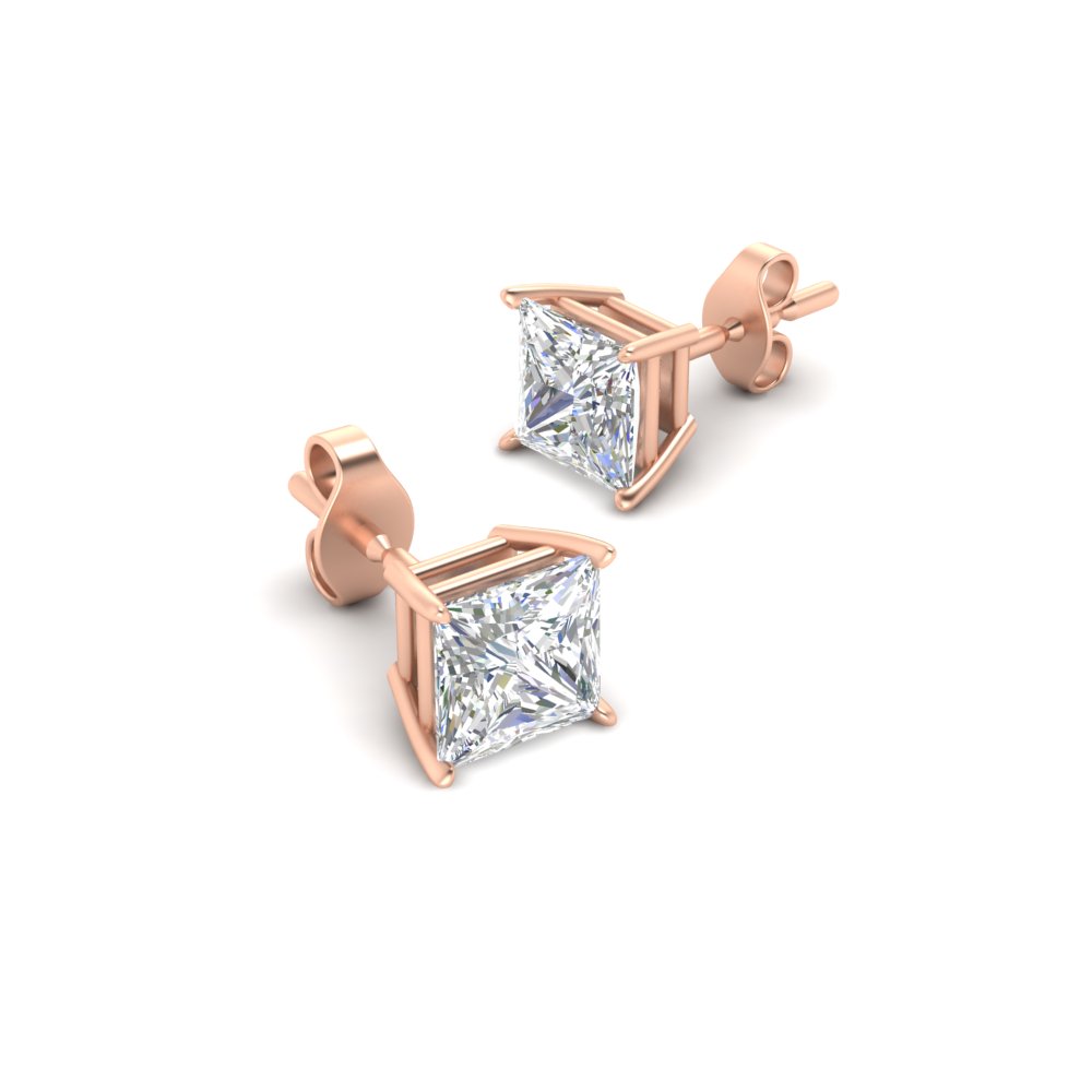 6 Carat Princess Cut Stud Earring with 14K Rose Gold White Diamond