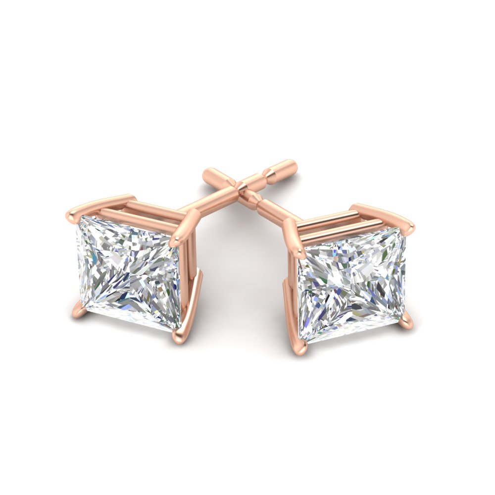 9 Carat Princess Cut Stud Earring with 14K Rose Gold White Diamond