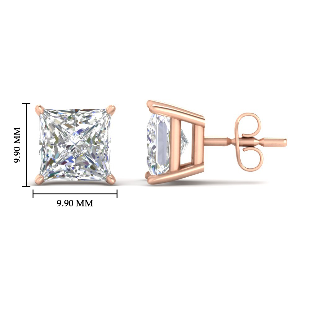 9 Carat Princess Cut Stud Earring with 14K Rose Gold White Diamond