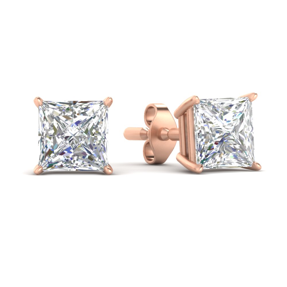 9 Carat Princess Cut Stud Earring with 14K Rose Gold White Diamond