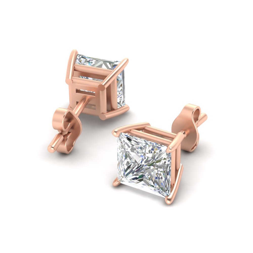 9 Carat Princess Cut Stud Earring with 14K Rose Gold White Diamond