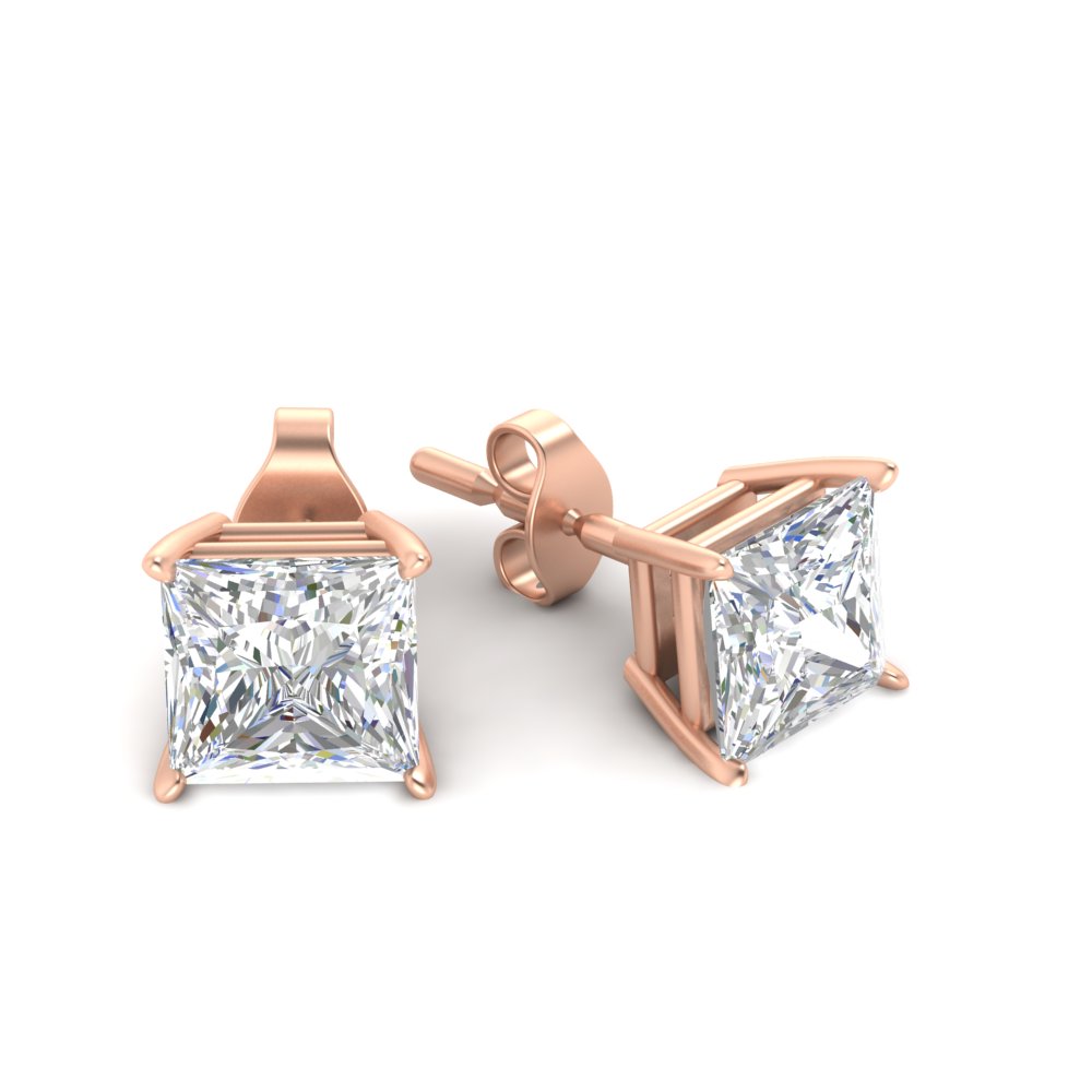 9 Carat Princess Cut Stud Earring with 14K Rose Gold White Diamond