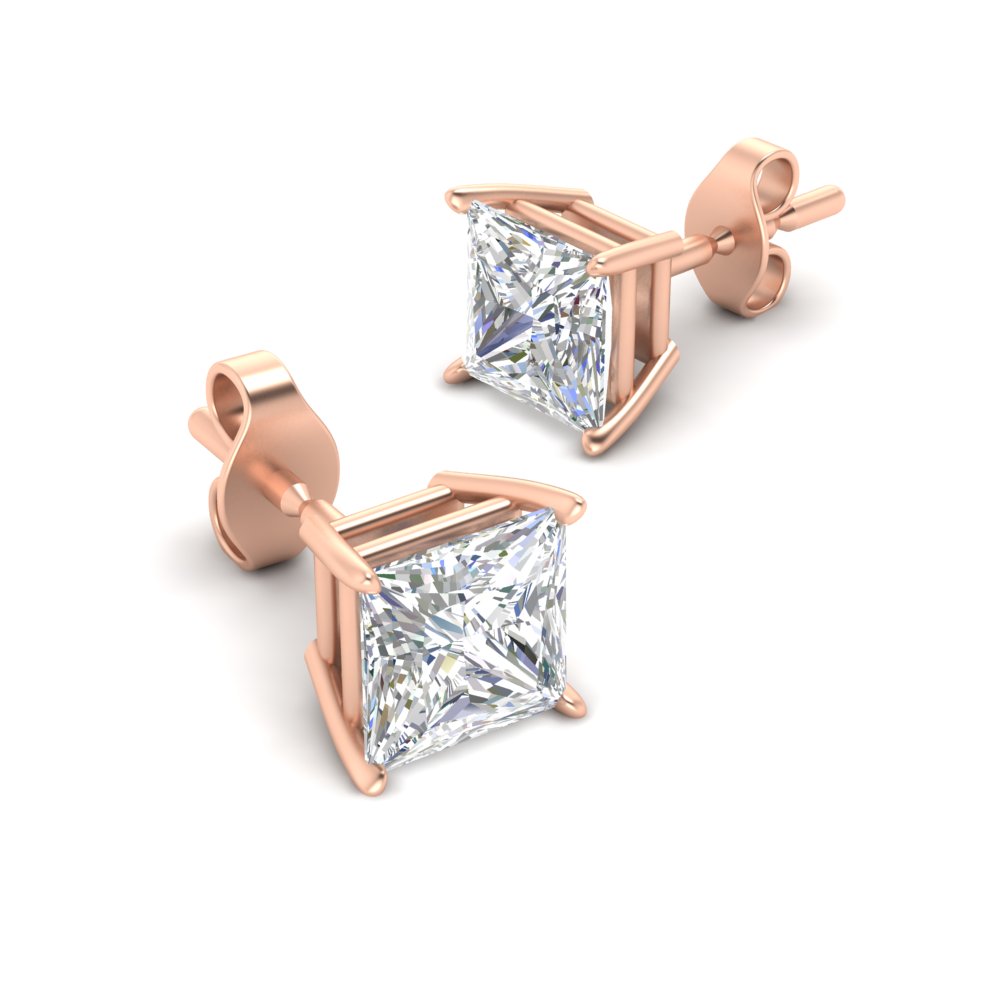 9 Carat Princess Cut Stud Earring with 14K Rose Gold White Diamond