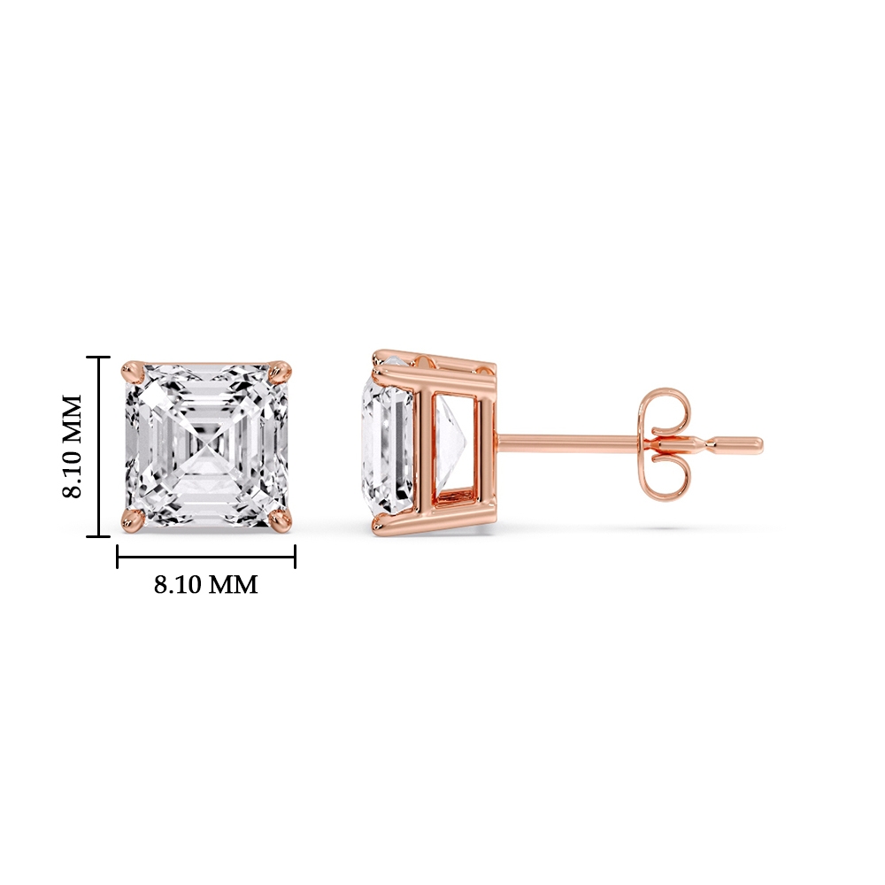 Diamond Asscher Cut Stud Earring 4 Carat with 14K Rose Gold White Diamond