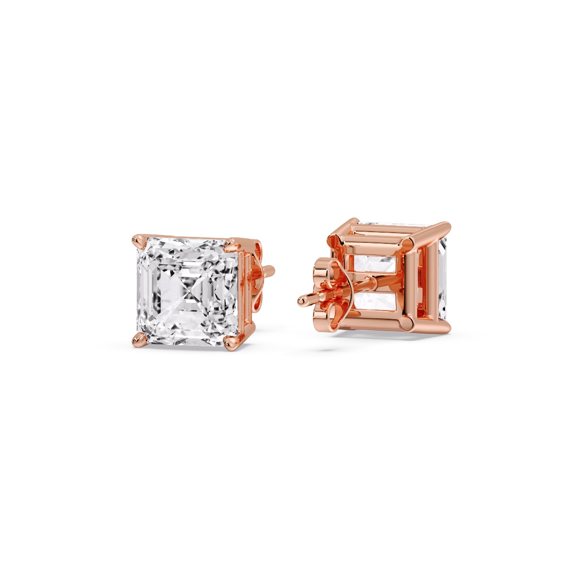 Diamond Asscher Cut Stud Earring 4 Carat with 14K Rose Gold White Diamond