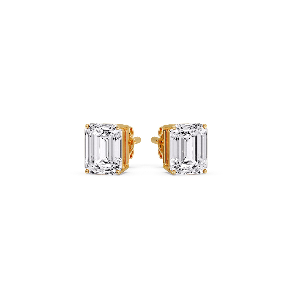 Diamond Emerald Cut Basket Stud Earring 0.75 Carat with 14K Yellow Gold White Diamond