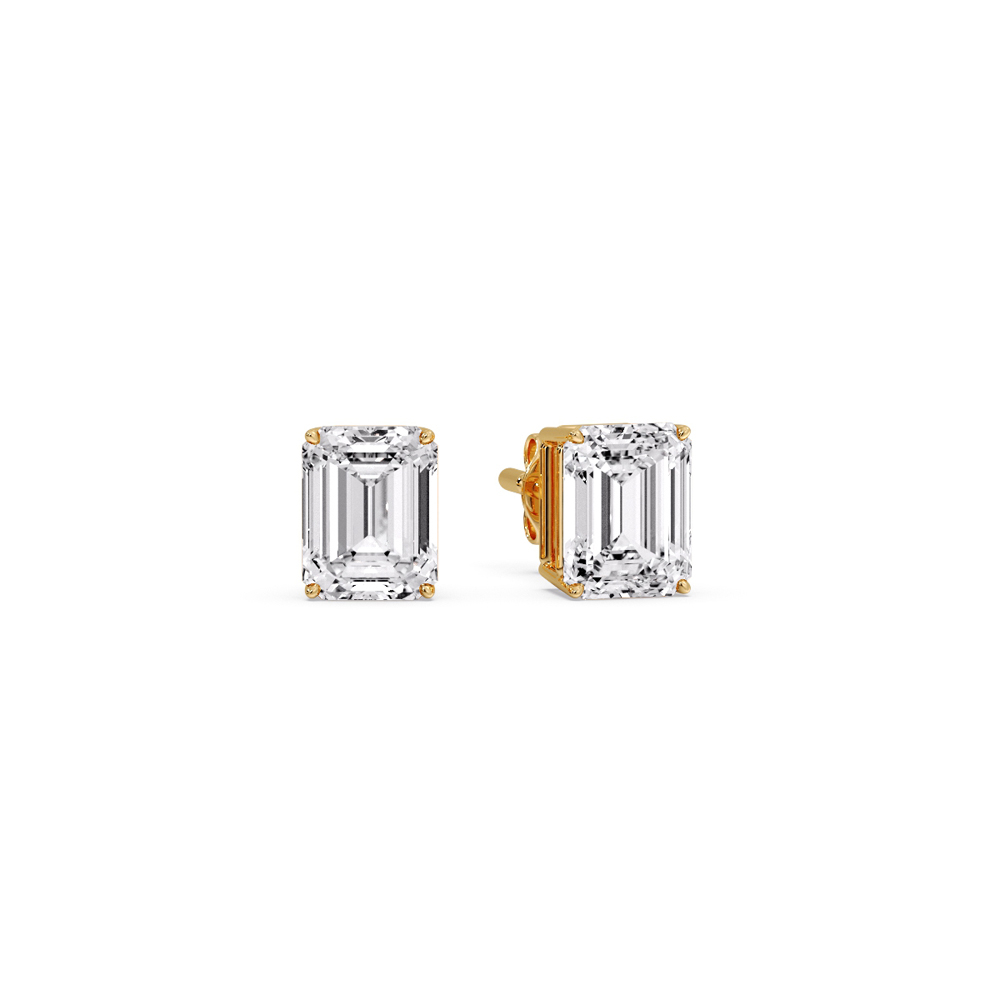 Diamond Emerald Cut Basket Stud Earring 0.75 Carat with 14K Yellow Gold White Diamond