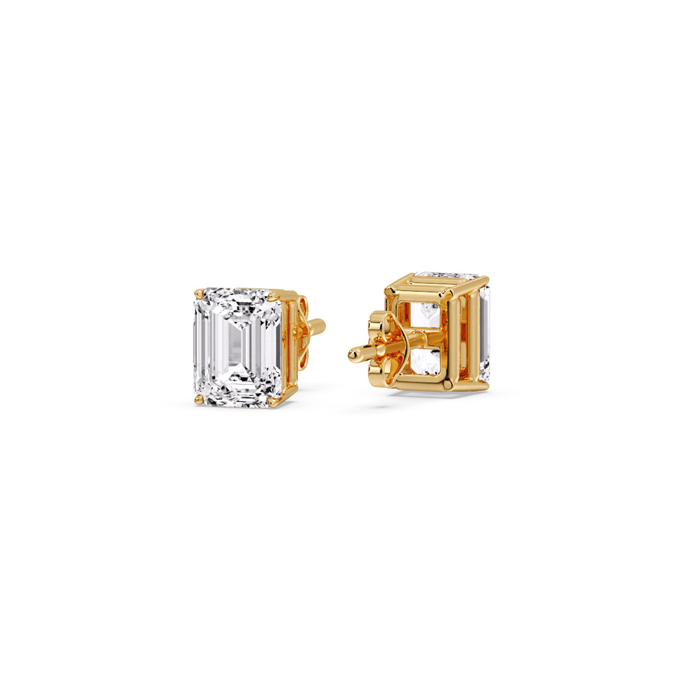 Diamond Emerald Cut Basket Stud Earring 0.75 Carat with 14K Yellow Gold White Diamond