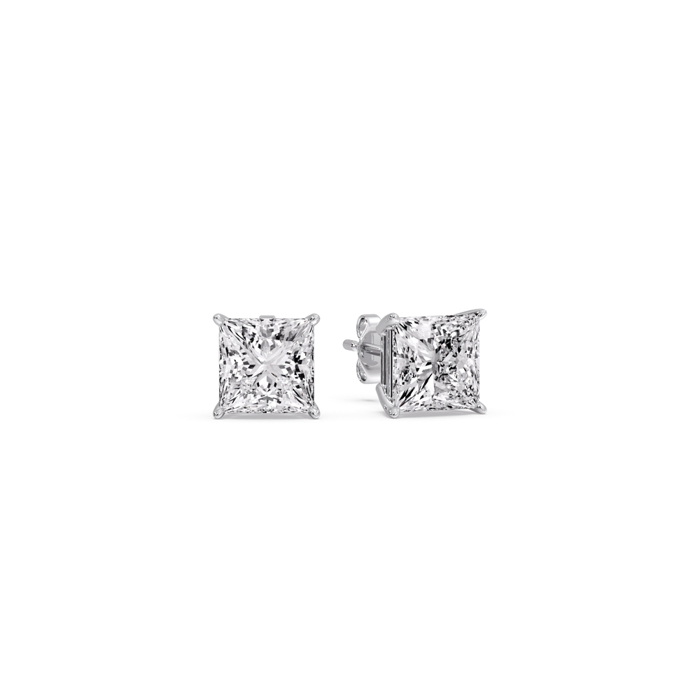 Diamond Princess Cut Basket Stud Earring 0.75 Carat with 14K White Gold White Diamond