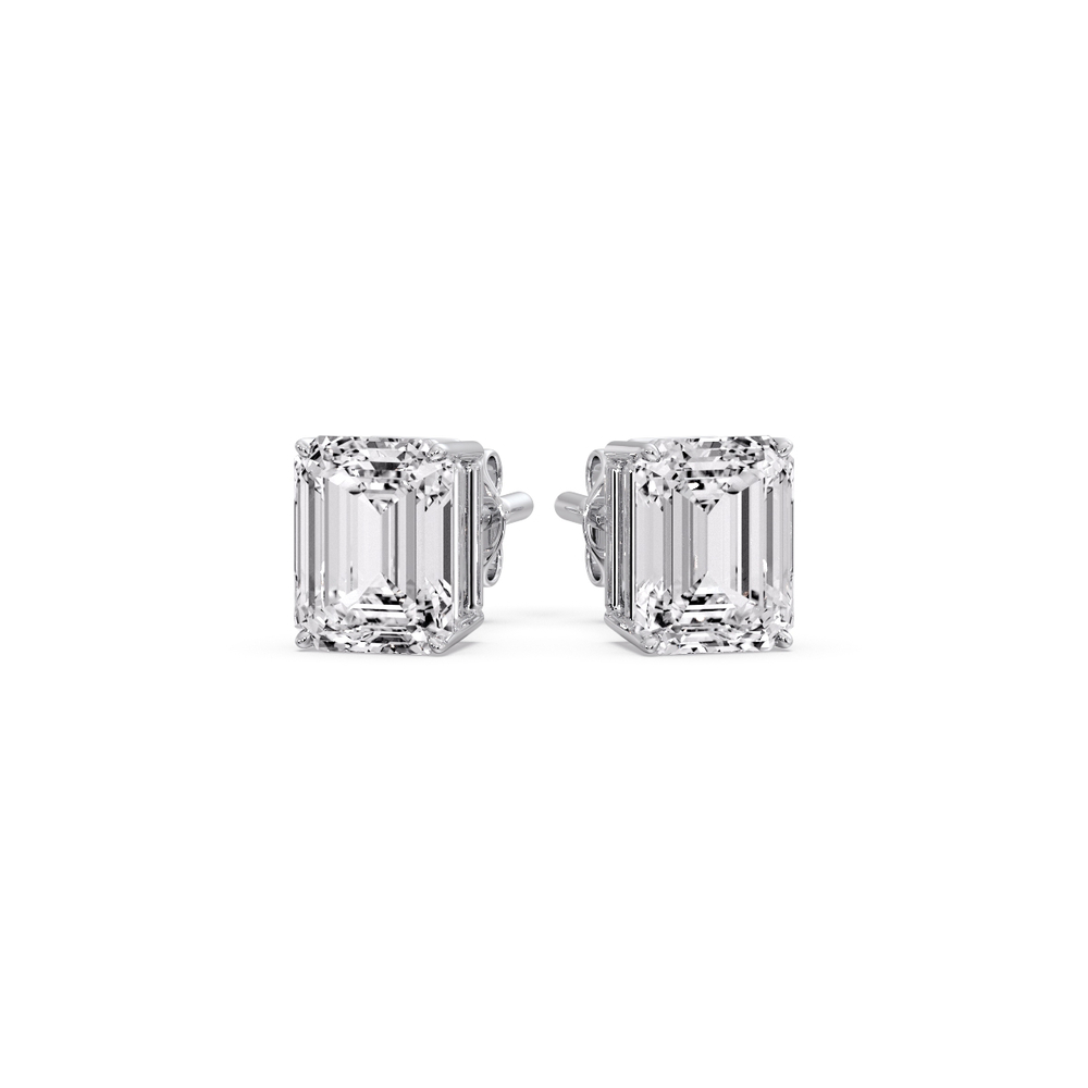 Emerald Cut Basket Stud Earring 1.50 Carat Diamond with 14K White Gold White Diamond