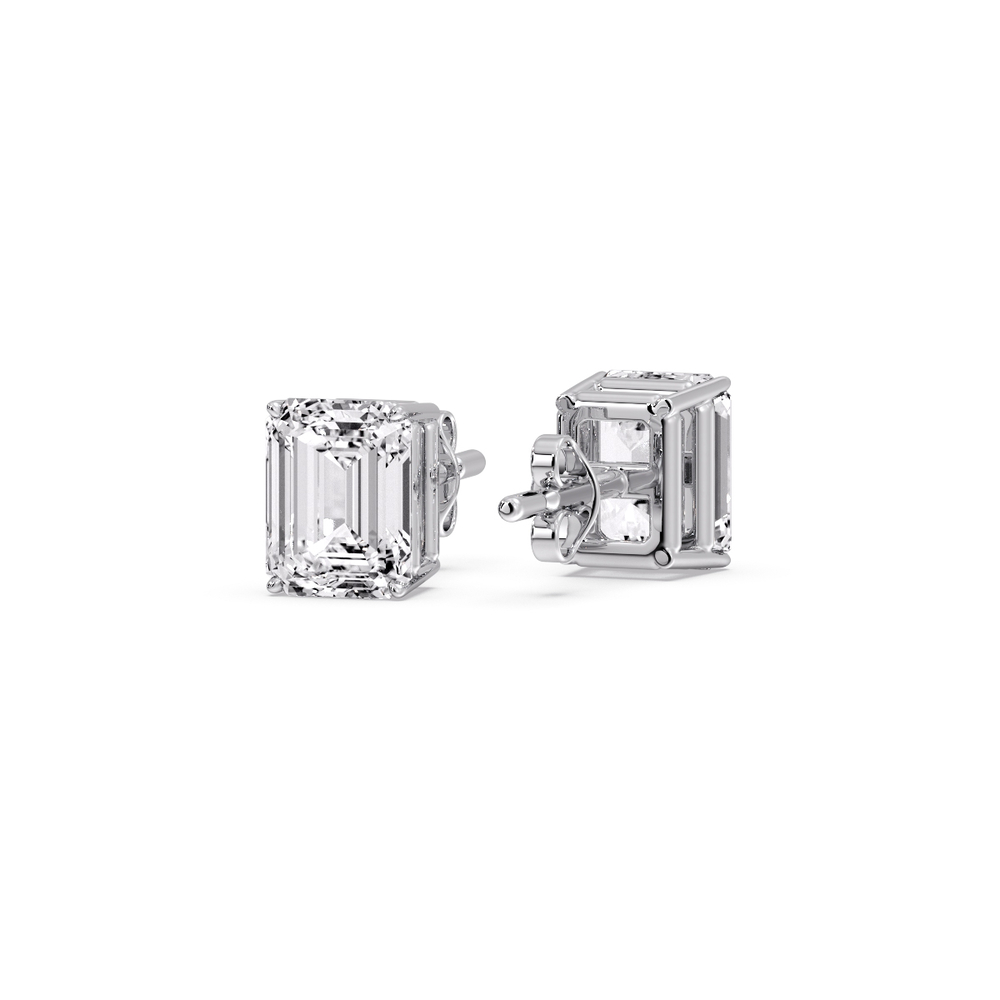Emerald Cut Basket Stud Earring 1.50 Carat Diamond with 14K White Gold White Diamond