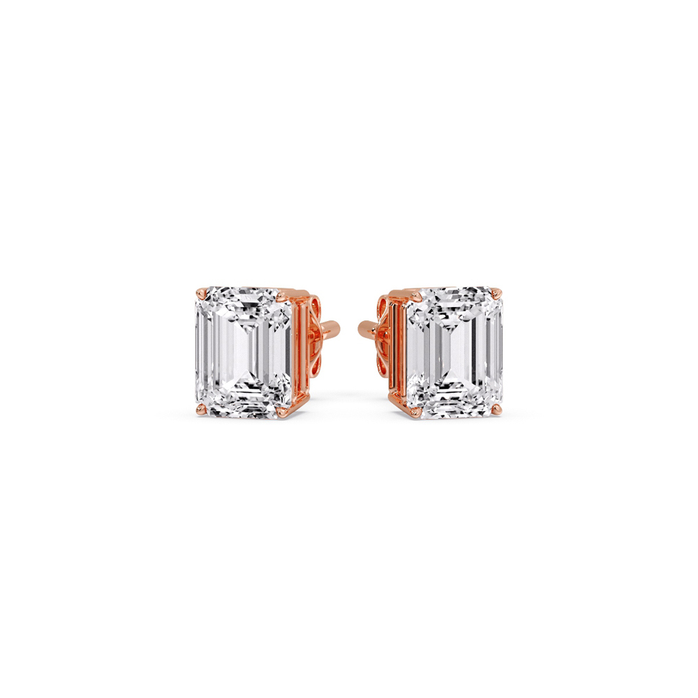Emerald Cut Basket Stud Earring One Carat Diamond with 14K Rose Gold White Diamond