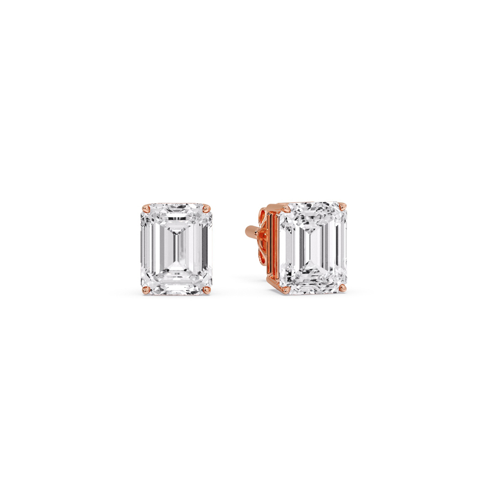 Emerald Cut Basket Stud Earring One Carat Diamond with 14K Rose Gold White Diamond