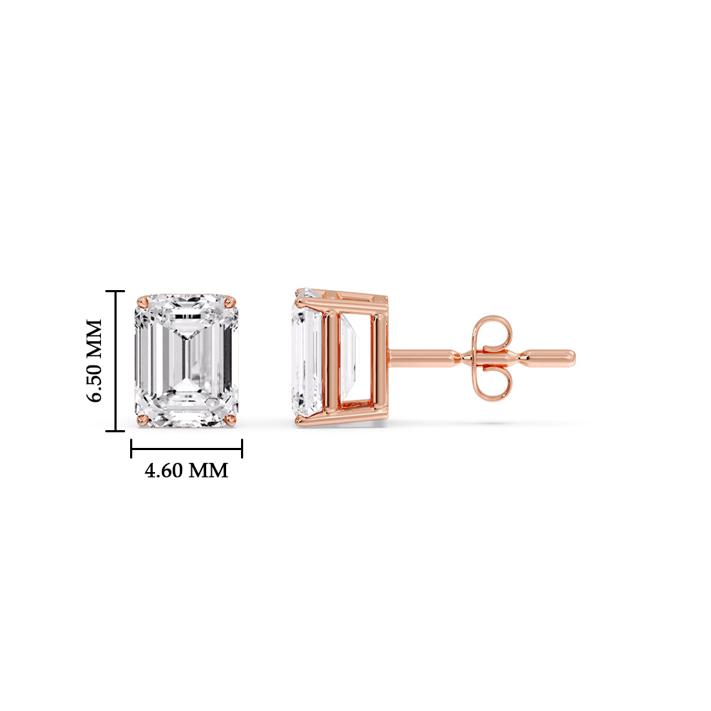 Emerald Cut Basket Stud Earring One Carat Diamond with 14K Rose Gold White Diamond