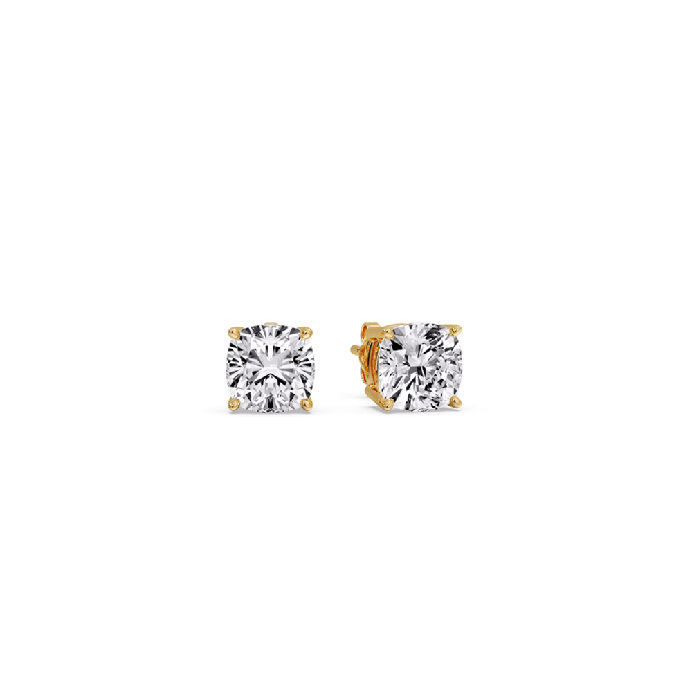 Half Carat Cushion Diamond Basket Stud Earring with White Diamond in 14K Yellow Gold