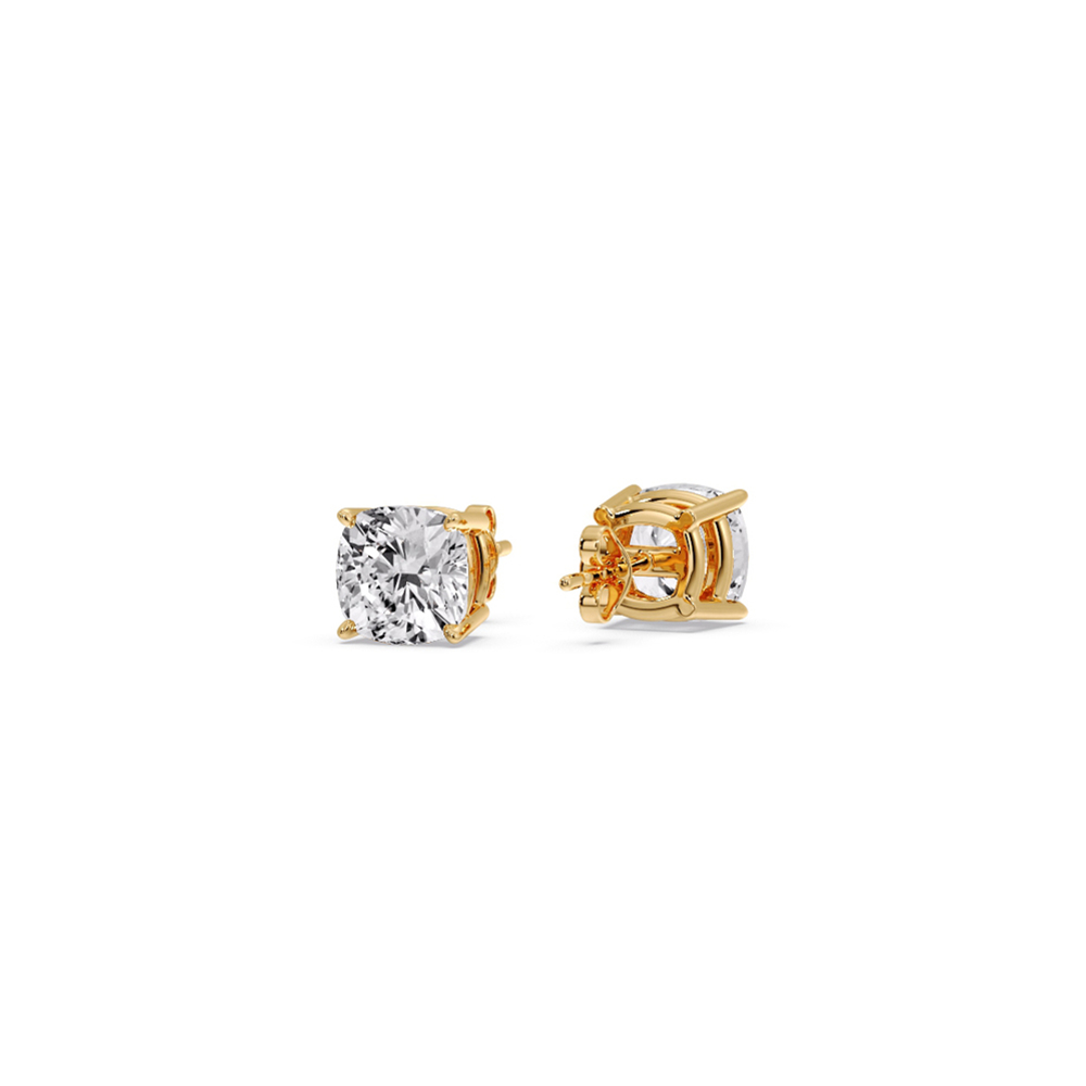 Half Carat Cushion Diamond Basket Stud Earring with White Diamond in 14K Yellow Gold