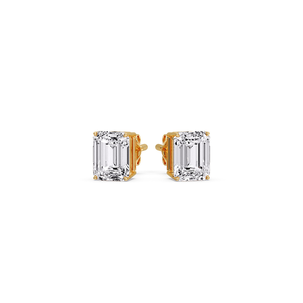 Half Carat Diamond Emerald Cut Basket Stud Earring with 14K Yellow Gold White Diamond