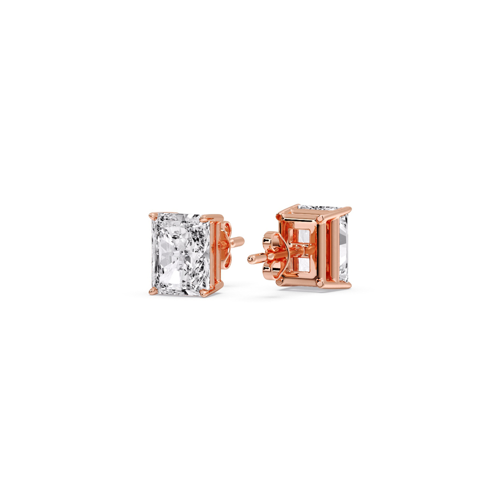 Half Carat Radiant Diamond Basket Stud Earring with 14K Rose Gold White Diamond