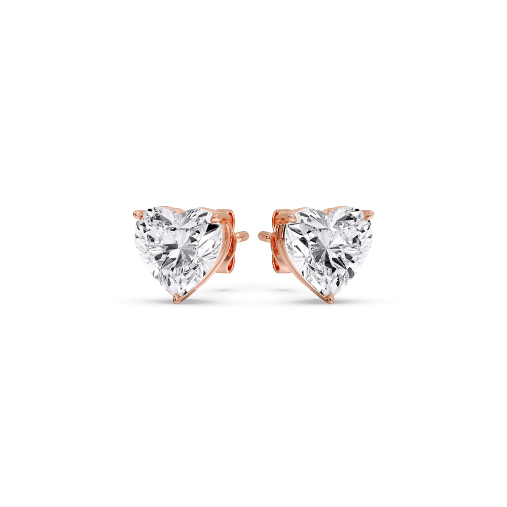 Heart Shaped 3 Prong Basket Stud Earring 4 Carat with 14K Rose Gold White Diamond