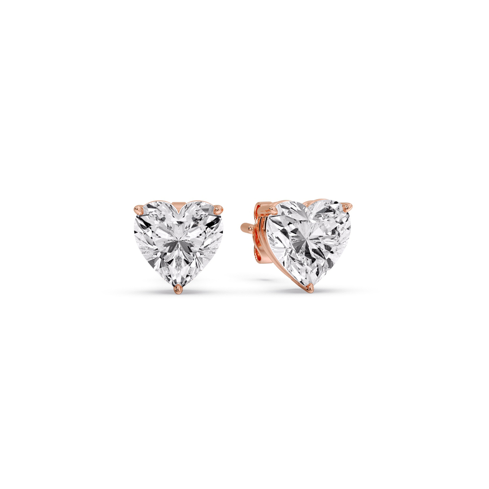 Heart Shaped 3 Prong Basket Stud Earring 4 Carat with 14K Rose Gold White Diamond