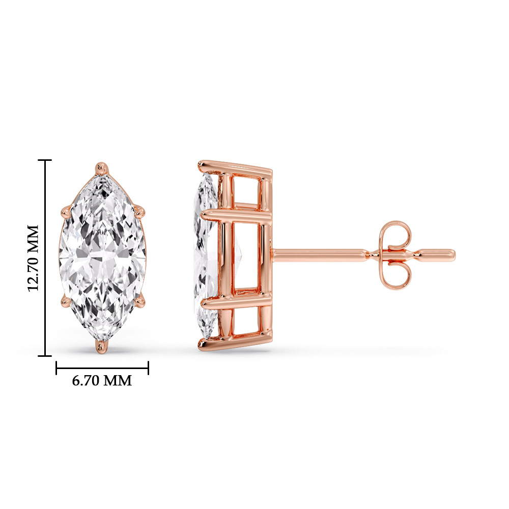 Marquise Diamond 6 Prong Stud Earrings 3 Ct with 14K Rose Gold White Diamond