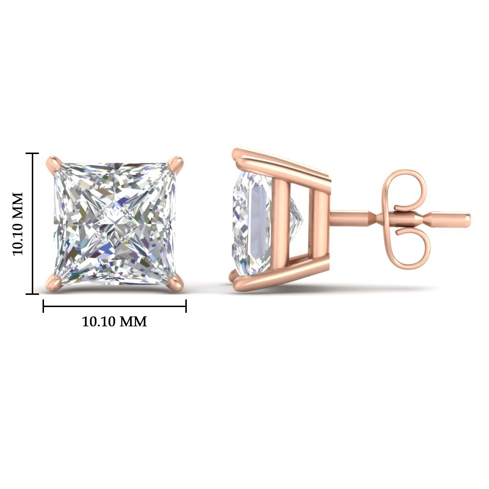 Princess Cut Diamond 10 Carat Stud Earring with 14K Rose Gold White Diamond