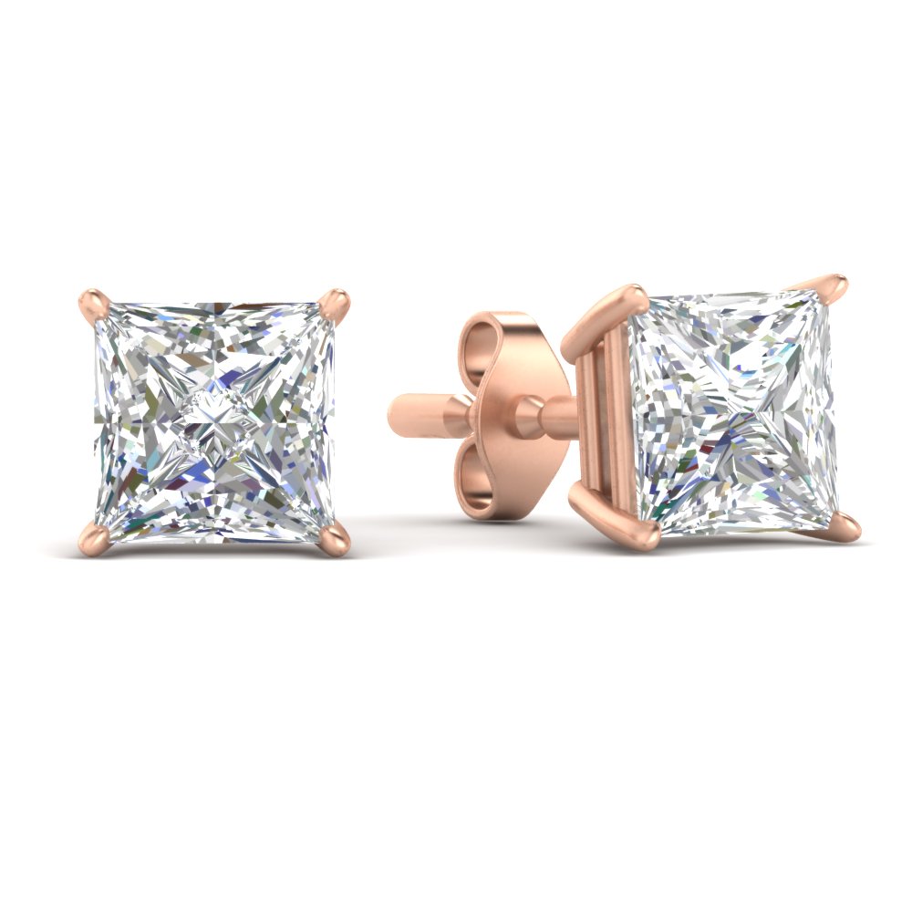 Princess Cut Diamond 10 Carat Stud Earring with 14K Rose Gold White Diamond