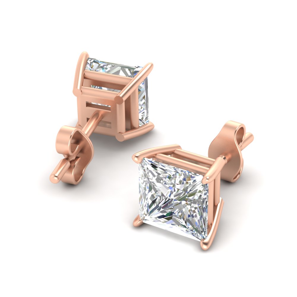 Princess Cut Diamond 10 Carat Stud Earring with 14K Rose Gold White Diamond