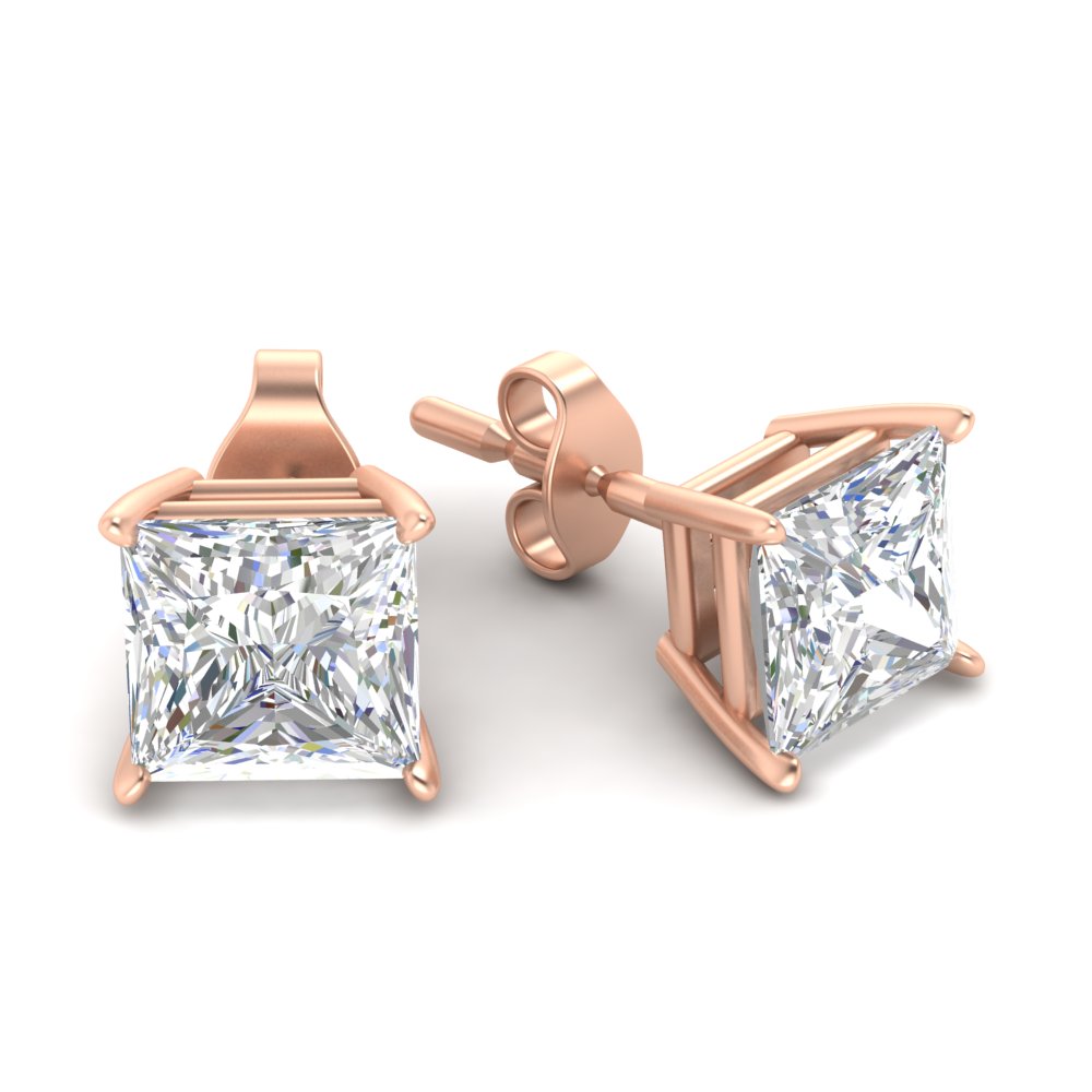 Princess Cut Diamond 10 Carat Stud Earring with 14K Rose Gold White Diamond