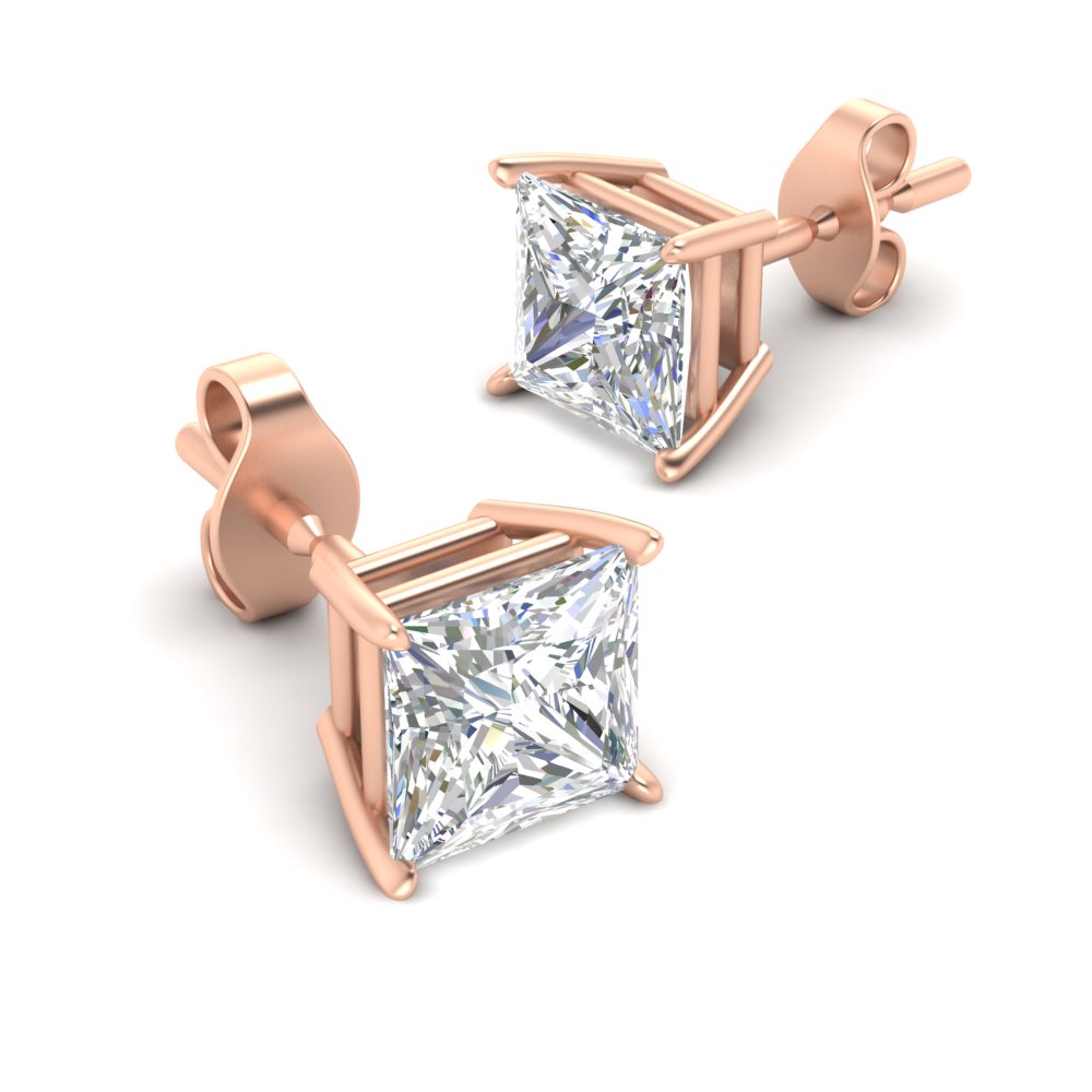 Princess Cut Diamond 10 Carat Stud Earring with 14K Rose Gold White Diamond