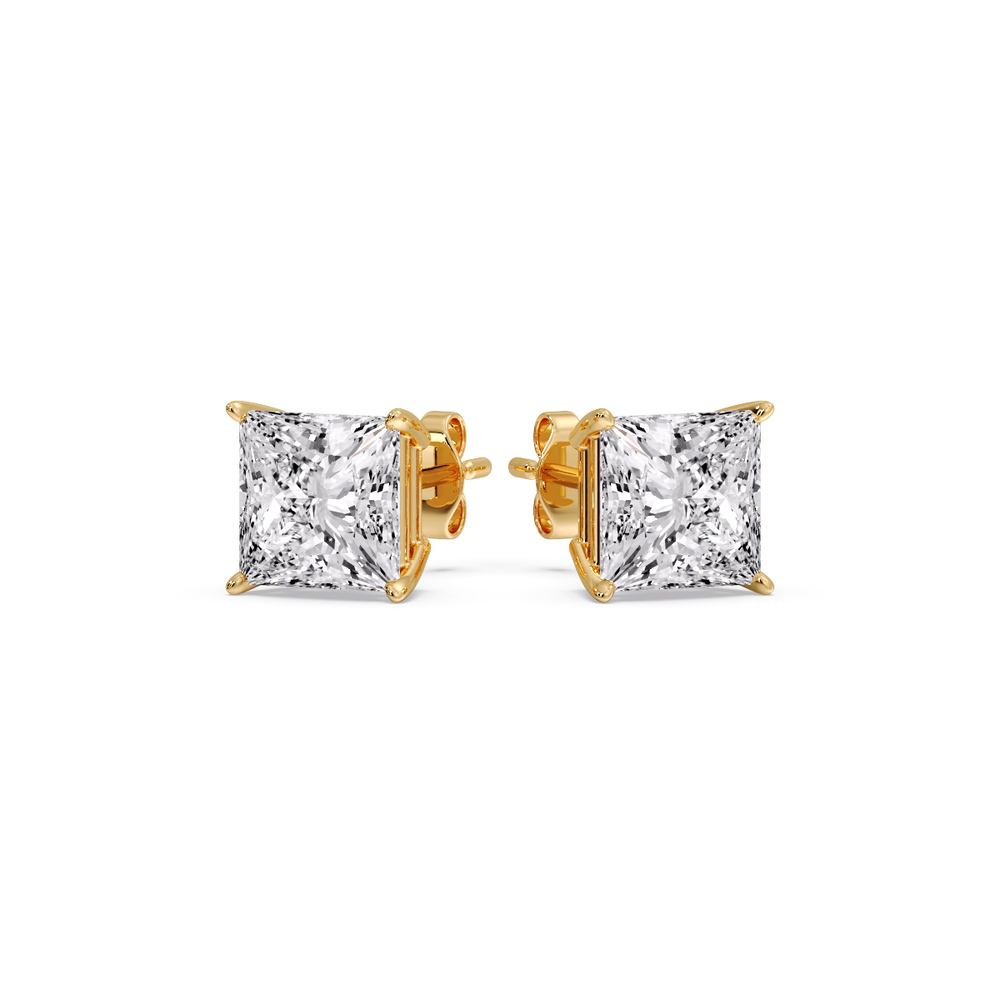 Princess Cut Diamond Basket Stud Earring 3 Carat with 14K Yellow Gold White Diamond