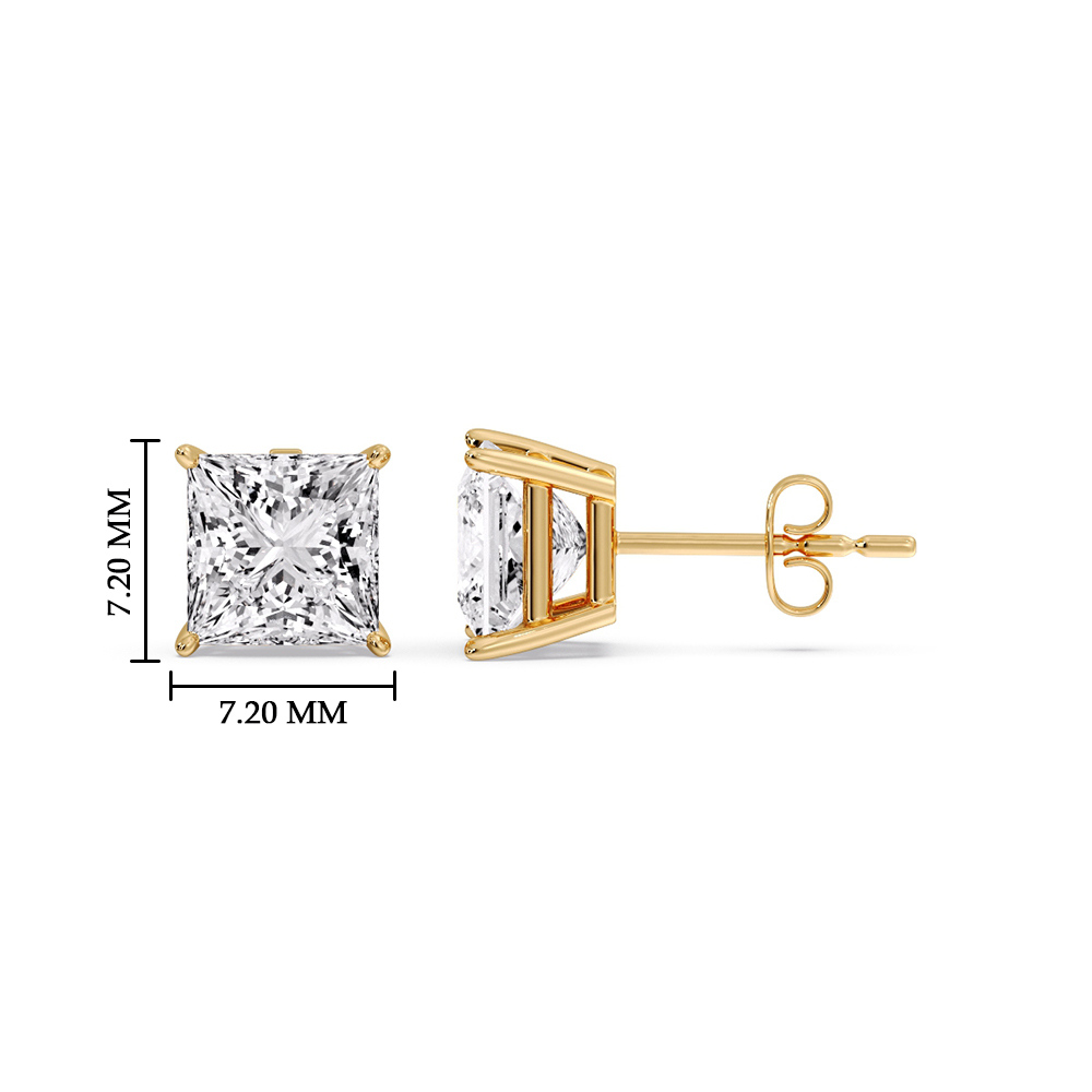 Princess Cut Diamond Basket Stud Earring 3 Carat with 14K Yellow Gold White Diamond