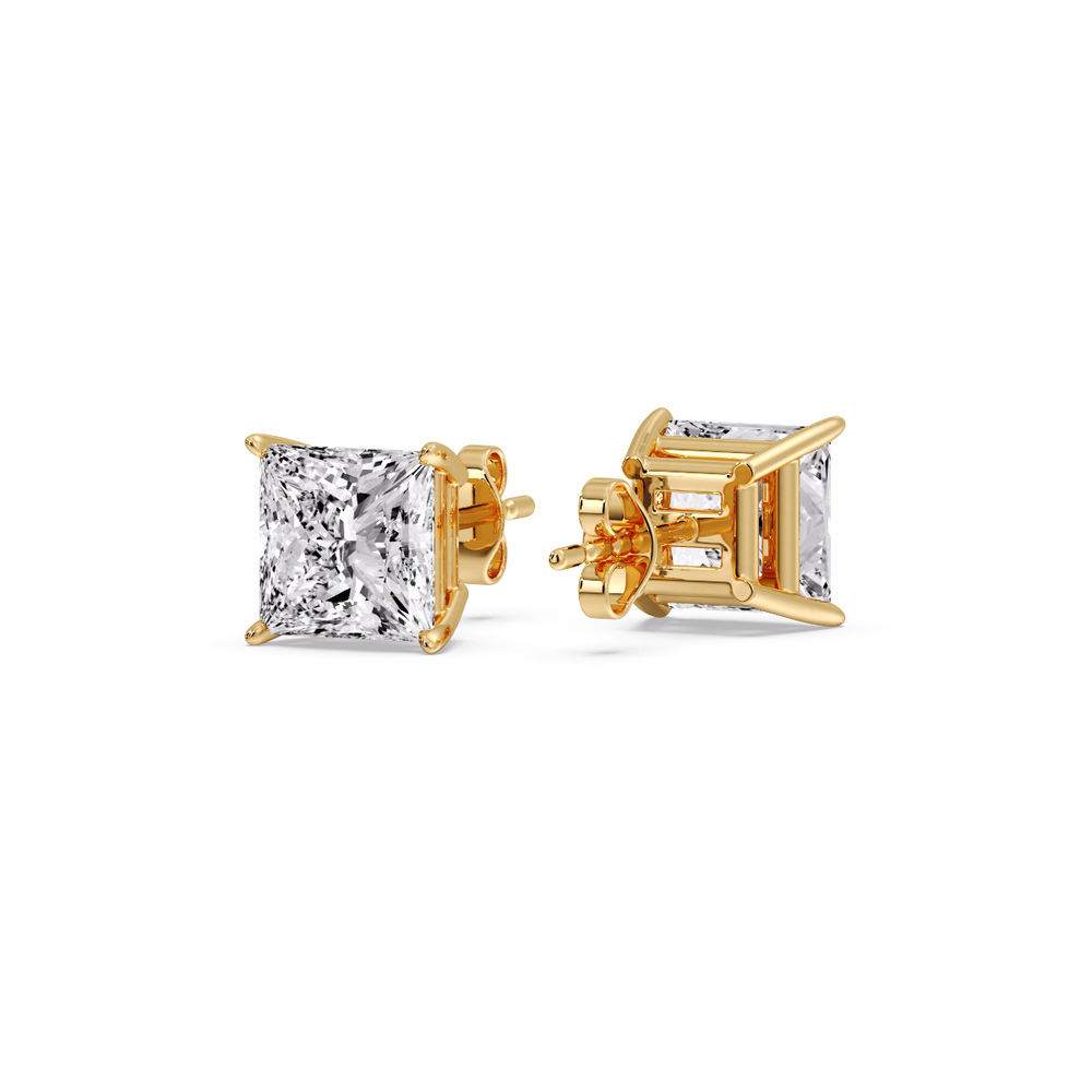 Princess Cut Diamond Basket Stud Earring 3 Carat with 14K Yellow Gold White Diamond