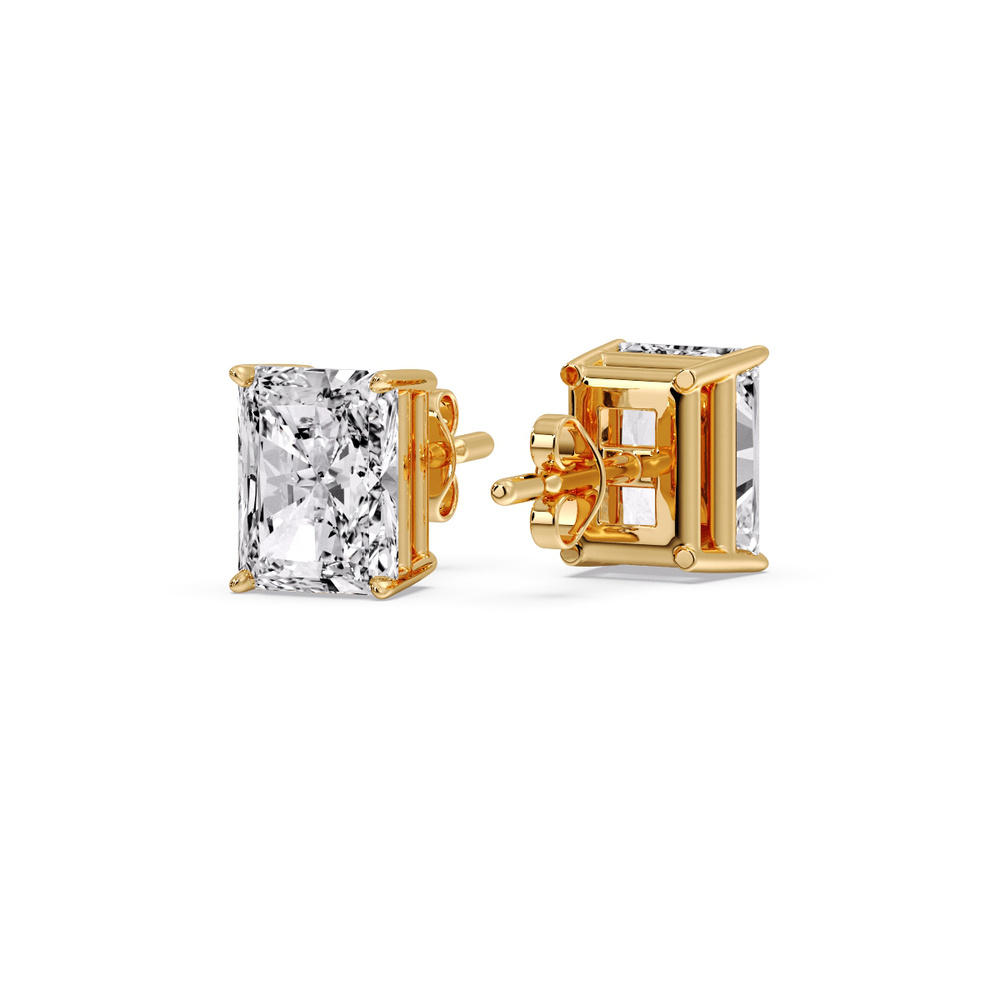 Radiant Diamond Basket Stud Earring 3 Carat with 14K Yellow Gold White Diamond