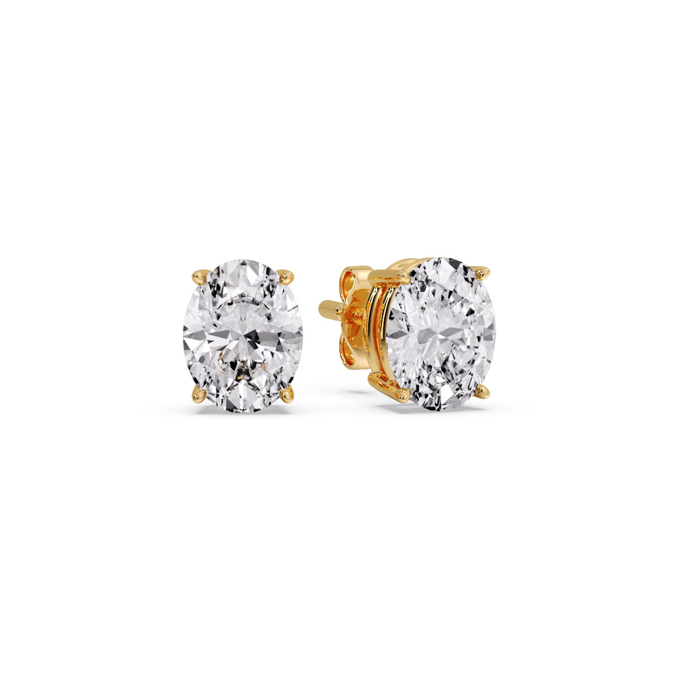 Stud Earring Basket Oval Shaped 3 Carat with 14K Yellow Gold White Diamond