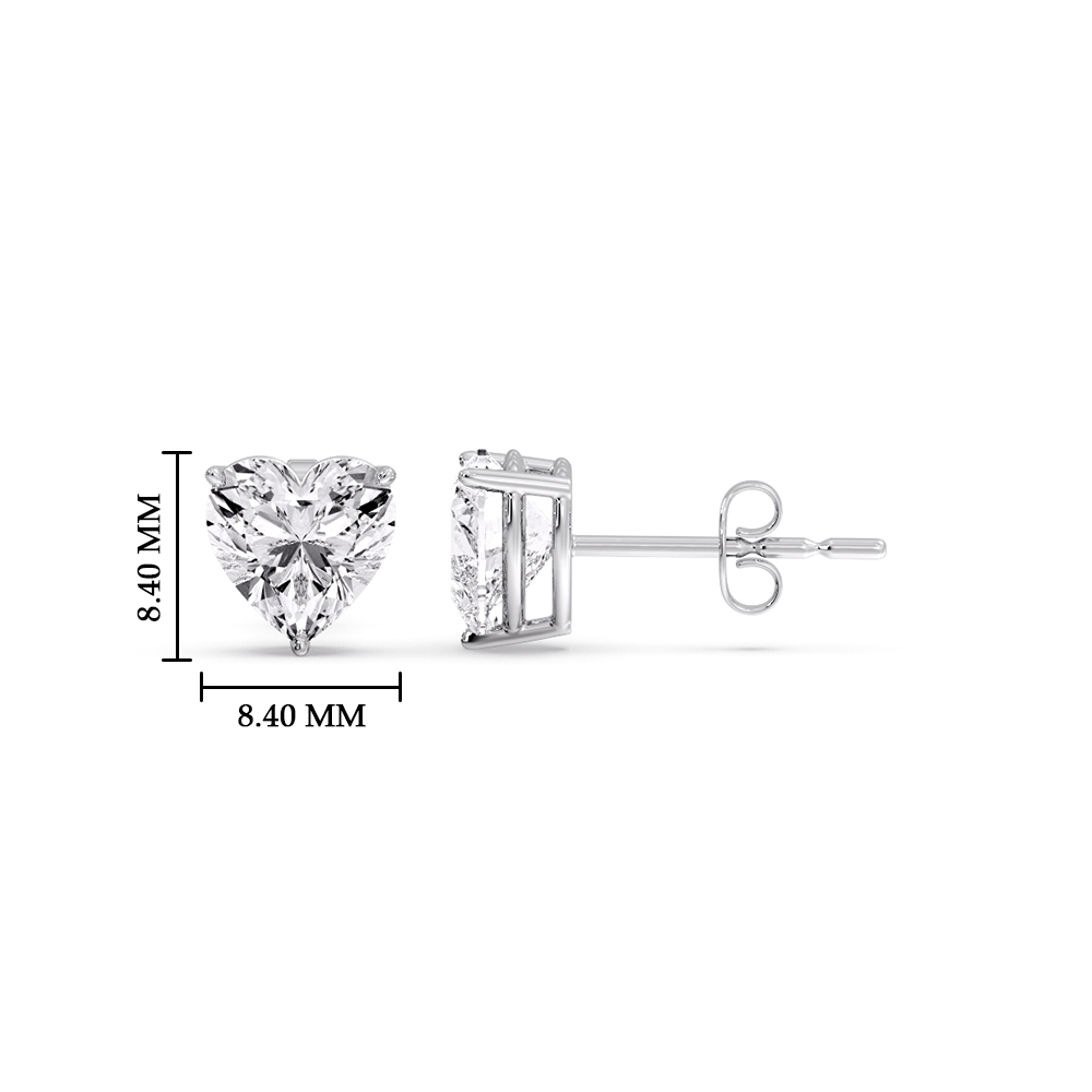 Three Carat Heart Shaped 3 Prong Basket Stud Earring with 14K White Gold White Diamond