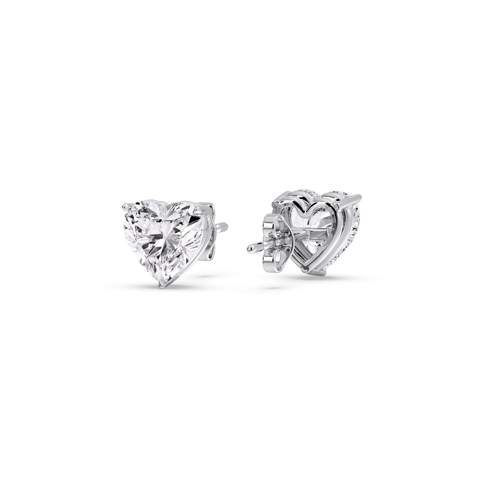 Three Carat Heart Shaped 3 Prong Basket Stud Earring with 14K White Gold White Diamond