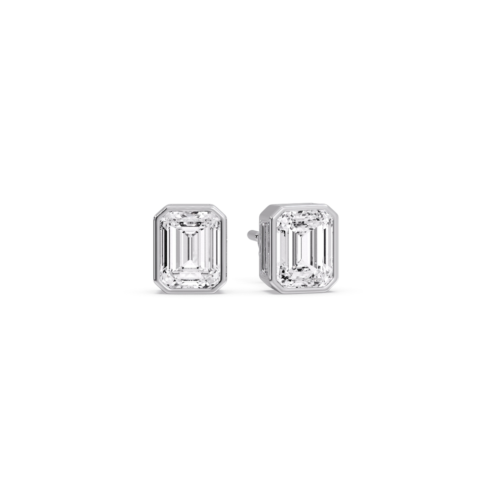 0.50 Carat Emerald Diamond Bezel Stud Earring with 14K White Gold White Diamond